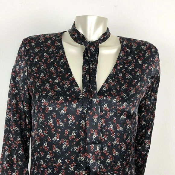 Intermix Serena Tie Neck Ruffle Shift Silk Dress in Black Floral Print. Size 4 - Picture 6 of 10